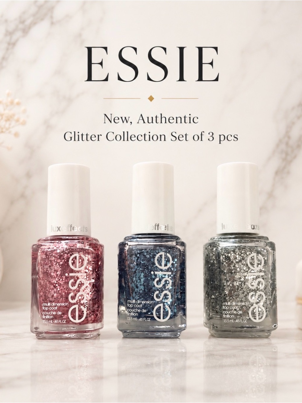 New, Authentic set of 3 pcs Essie Glitter Nail Polish Trio - Pink, Blue, Silver